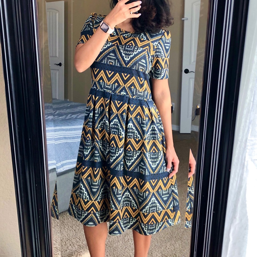 LULAROE Amelia Yellow & Gray Aztec Tribal Dress XL